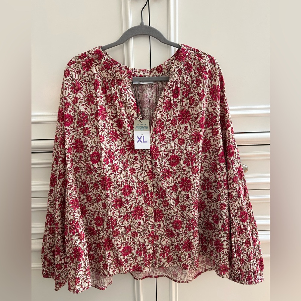 Primark Red Floral Peasant Blouse on Cream Base